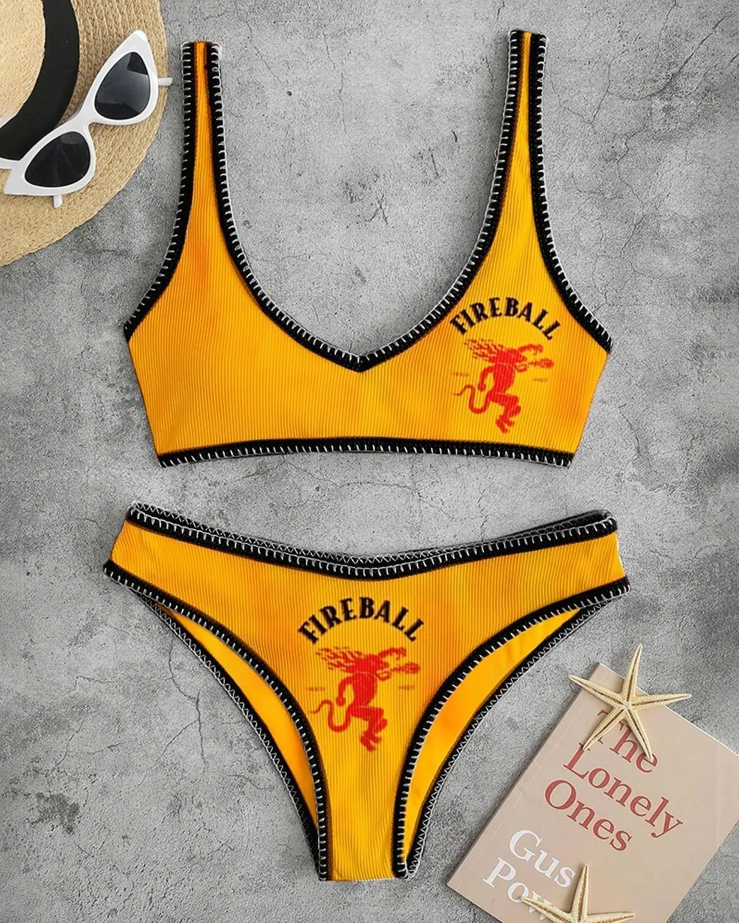 Fireball Whiskey Contrasting Letter Print Casual Orange Bikini Sets TUT