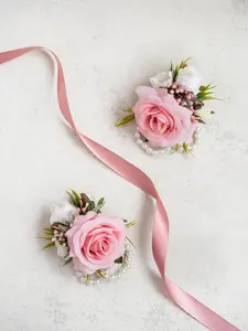 Dusty Pink Rose Prom Corsage & Boutonniere Set - Real Touch Rose Flowers, Bridesmaid Gift for Her, Rustic Wedding Bridal Accessories, Flower Pearl Bracelet, Groomsmen Pin, Prom Burgundy Swag