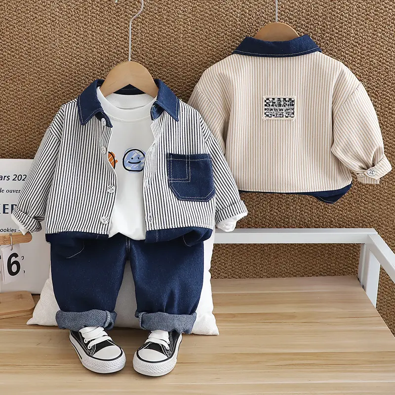 New Cotton Men's Striped Polo Collar Casual Undershirt Trousers Three-Piece Set