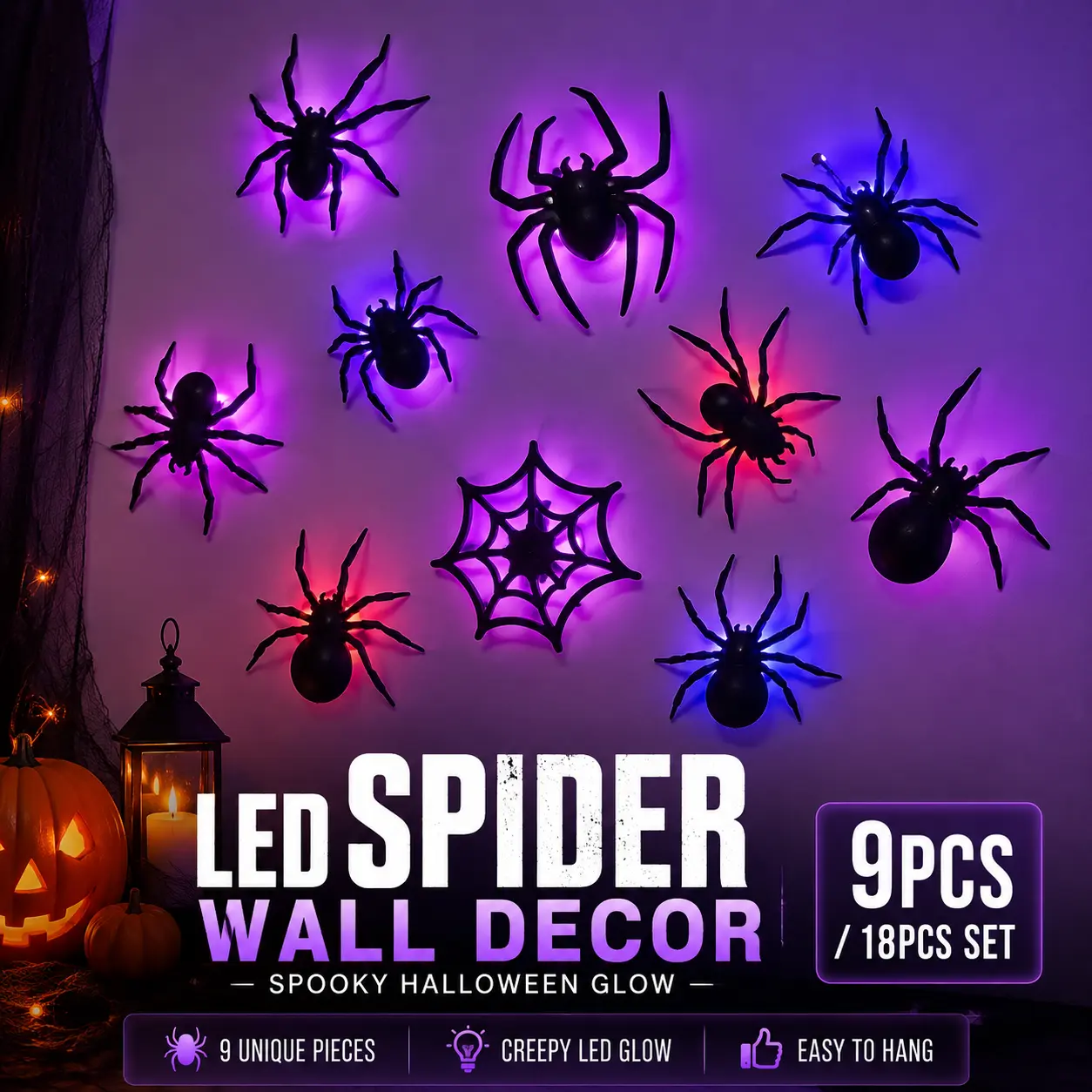 Halloween LED Light Up Spider & Spider Web Wall Decor, Spooky Color Glowing Spider Ornaments, Easy Hanging Horror Decor for Indoor Party, Bedroom, Window, Door, Haunted House, 9PCS /18PCS Set Available