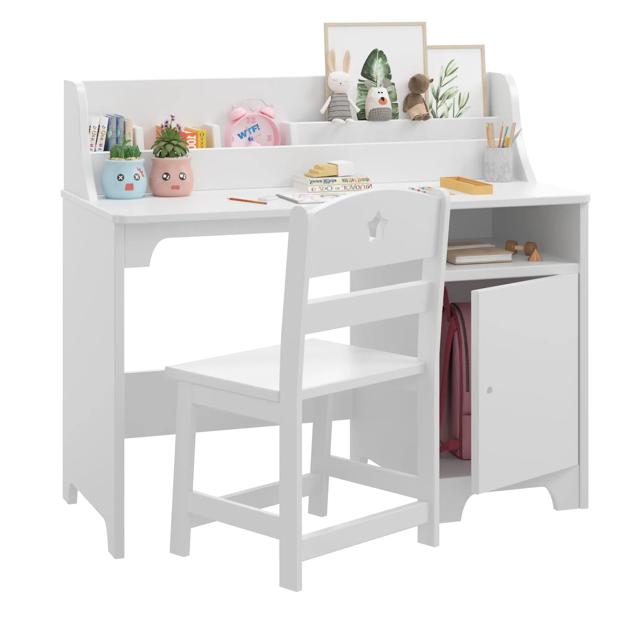 GARVEE Kids Desk & Chair with Hutch, Study Desk for Boys & Girls, Storage Cabinet, Wooden Study Table, Student Writing Desk & Computer Workstation, White