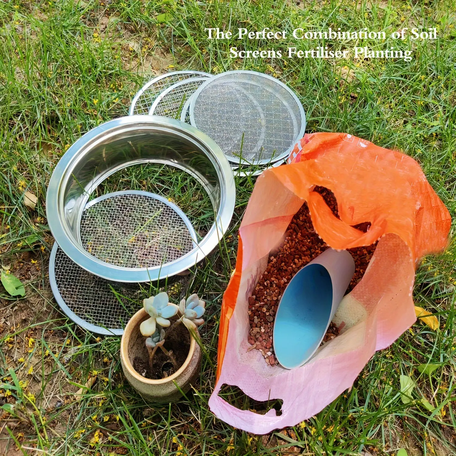 Stainless Steel Soil Sieve Set, 5 Interchangeable Meshes (1mm, 3mm, 6mm, 9mm, 12mm), Garden Screening, Sand Filteringing, Composting