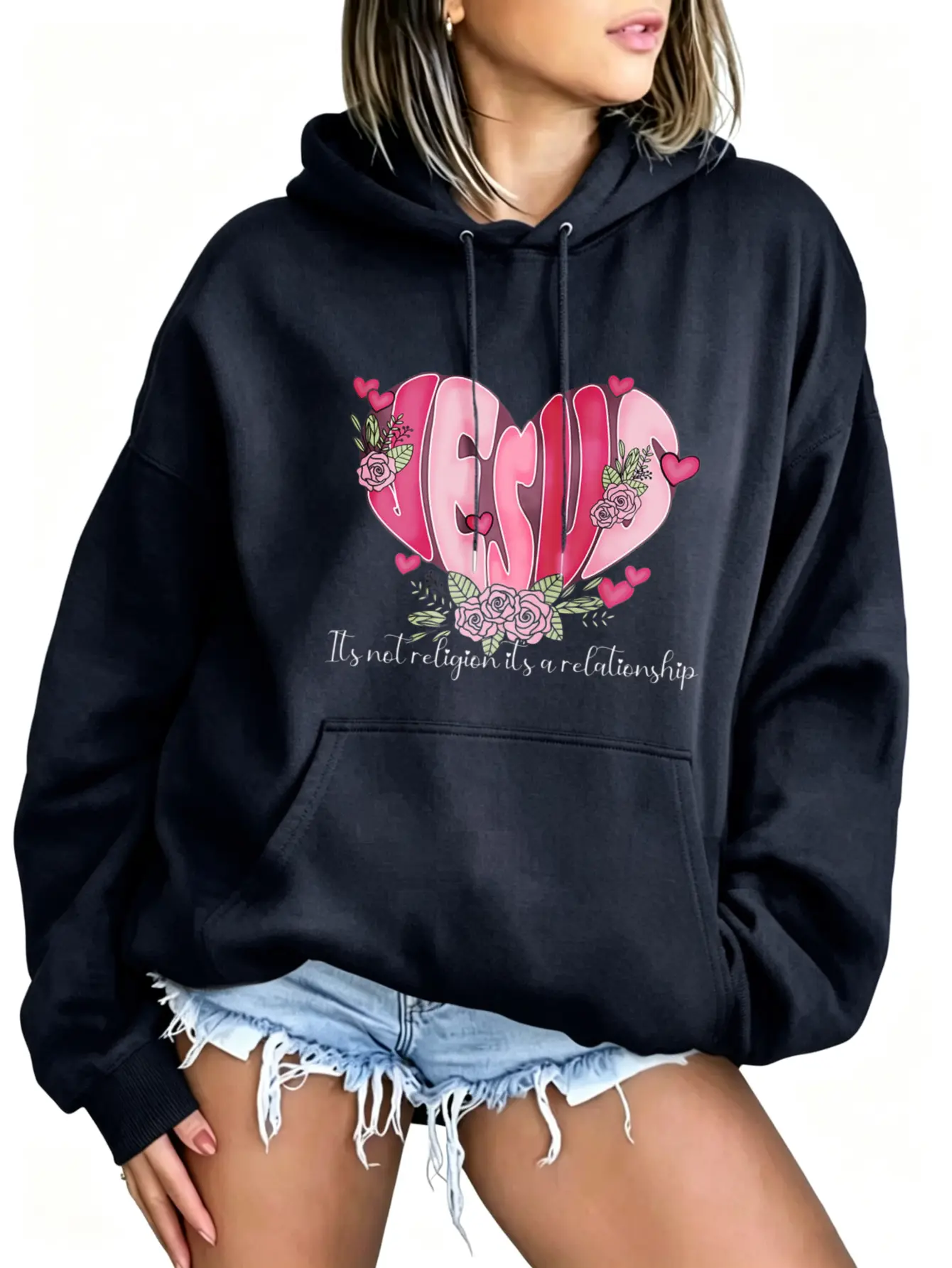 Women's Jesus Pink Heart Graphic Hoodie - Casual Oversize Long Sleeve Christian Sweatshirt, Front & Back Printed, "It's Not A Religion It's A Relationship", Floral Coquette Aesthetic Faith Apparel, Soft Loose Fit Light Grey Fall Gift