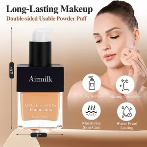 Airmilk 24-Hour Flawless Full Coverage Foundation - Waterproof, Skin-Improving & Oil-Control, Natural Skin-Like Finish with Dual-Sided Application Sponge