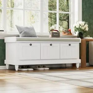 Rustic Storage Bench with Cushion, Solid Wood Shoe Bench with 3 Drawers and Hidden Storage, Rectangular Entryway Cabinet Footrest Stool for Living Room, Bedroom, and Hallways, White
