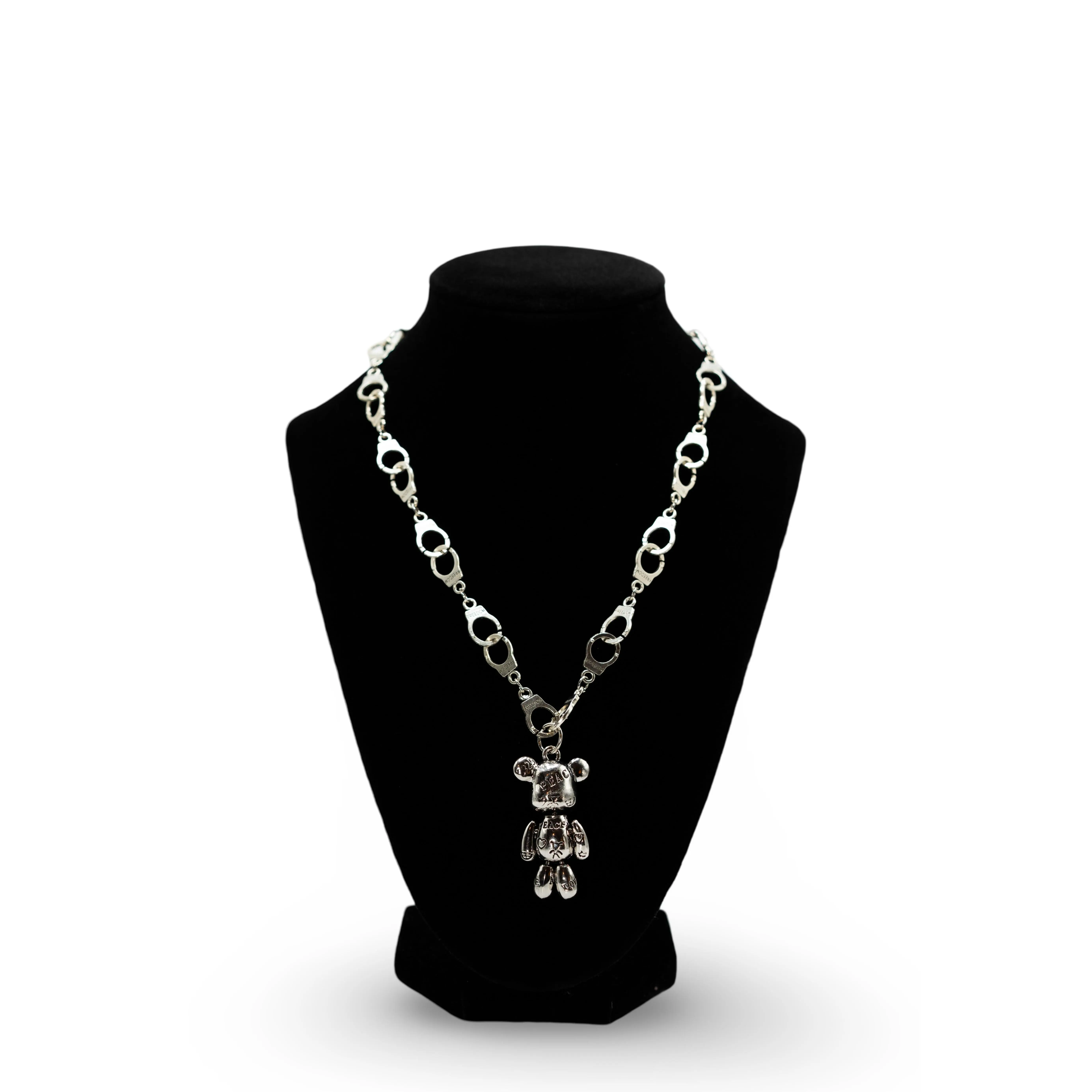 Unisex Casual Animal Link Chain Necklace with Prisoner Bear Pendant and Silver-Tone Handcuff Detail, Chain & Link, Choking Hazard Small Parts, Casual Wear