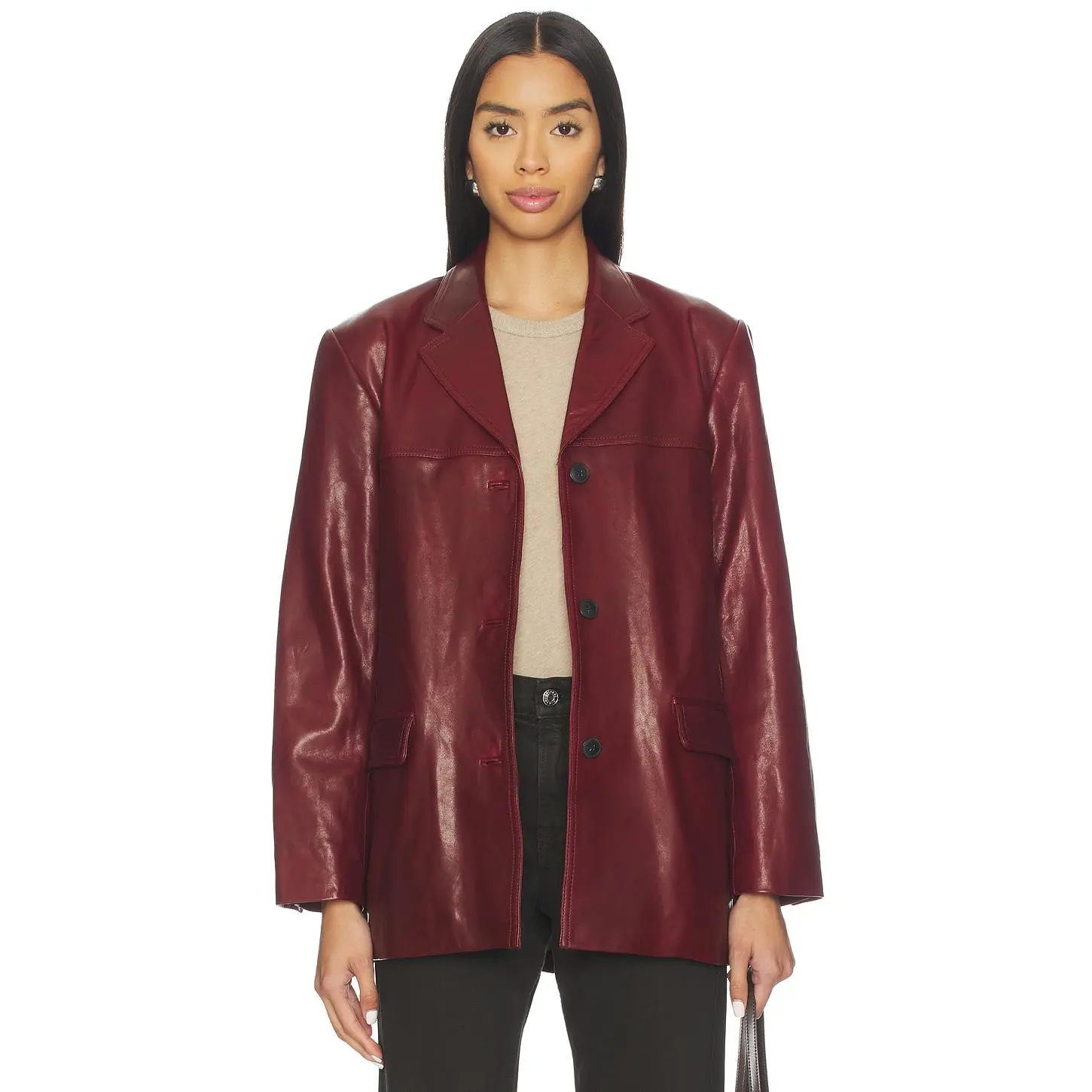 EAVES Aroa Leather Blazer Jacket in Beet Red EAVES Aroa Leather Blazer Jacket in Beet Red