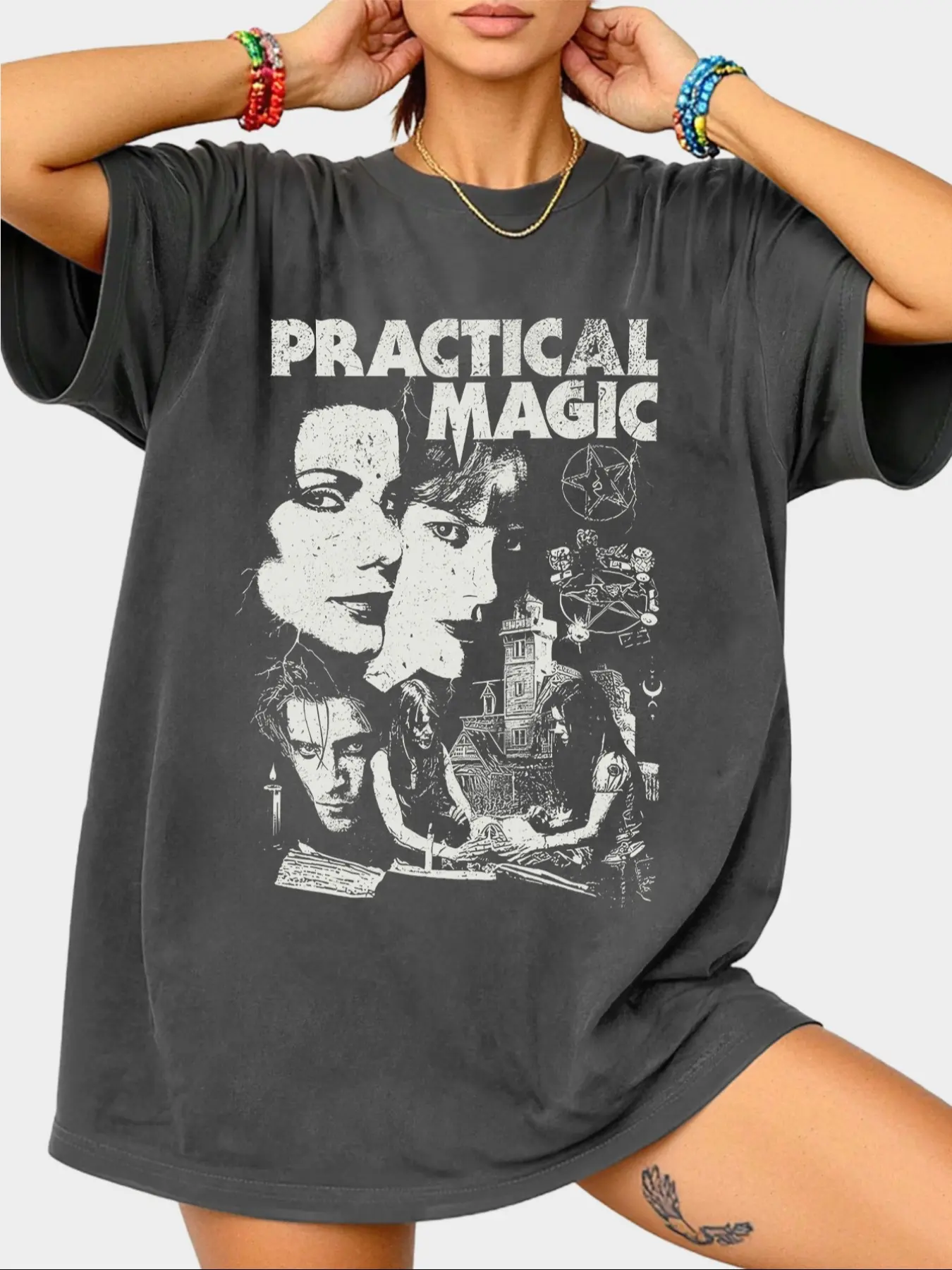 "Practical Magic" Vintage Movie Tee - Women's Casual Round Neck Tops Everyday Distressed Dark Gray Oversized Witchy Fitted T-Shirt Womenswear