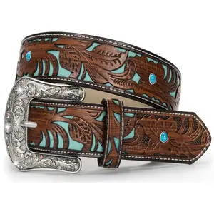Western-Belts for Women, Men-Belt with Rhinestone Buckle-Belts, Turquoise Carved  Western-Belts