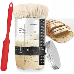 Sourdough Starter Jar, Sourdough Starter Kit with Date Marked Feeding Band, Thermometer, Cloth Cover & Metal Lid, Reusable Sourdough Bread Baking Supplies, Home Baking Supplies
