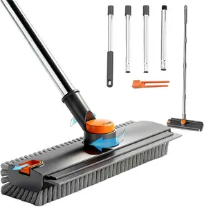 3-in-1 Floor & Shower Scrub Brush with Long Handle – Squeegee, Broom & Scrubber for Tile, Concrete, Deck, Patio, Wall Cleaning – Grey Heavy-Duty Cleaning Tool