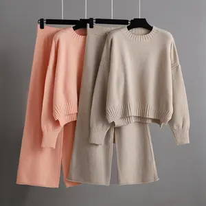 Women Wide Leg Pant Suits Thick Warm Women Sweater Tracksuits Two Piece Sets