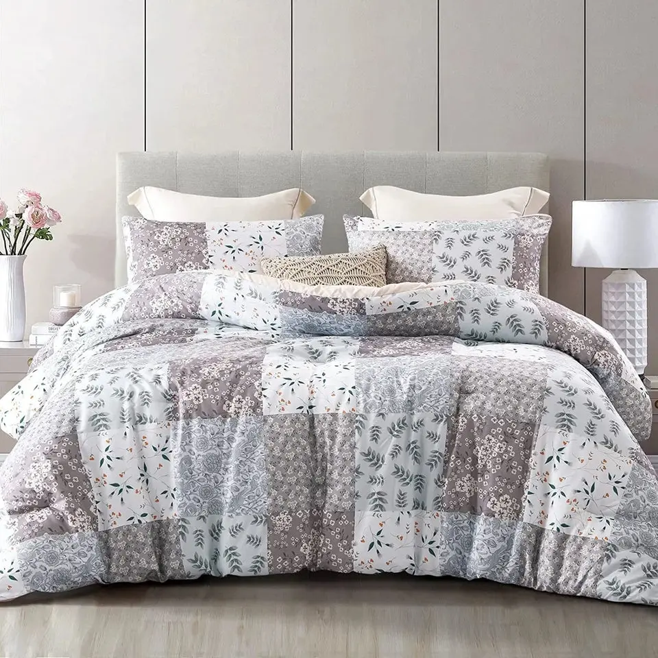 3-Piece King Comforter Set, Soft Reversible Bedding Comforter Sets, Patchwork Printed down Alternative Comforter Duvet for All Seasons, Grey