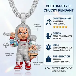 Savage Killer Doll Pendant, Iced Out Horror Mascot Design, Spiked Bat Chain, Y2K Goth Hip Hop Jewelry, Trendy Accessory for Men Rappers