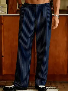 Men's Striped Wide Leg Pants, Summer Comfortable Commuter Trousers, Loose Fit Casual Long Pants, Stylish Business Wear