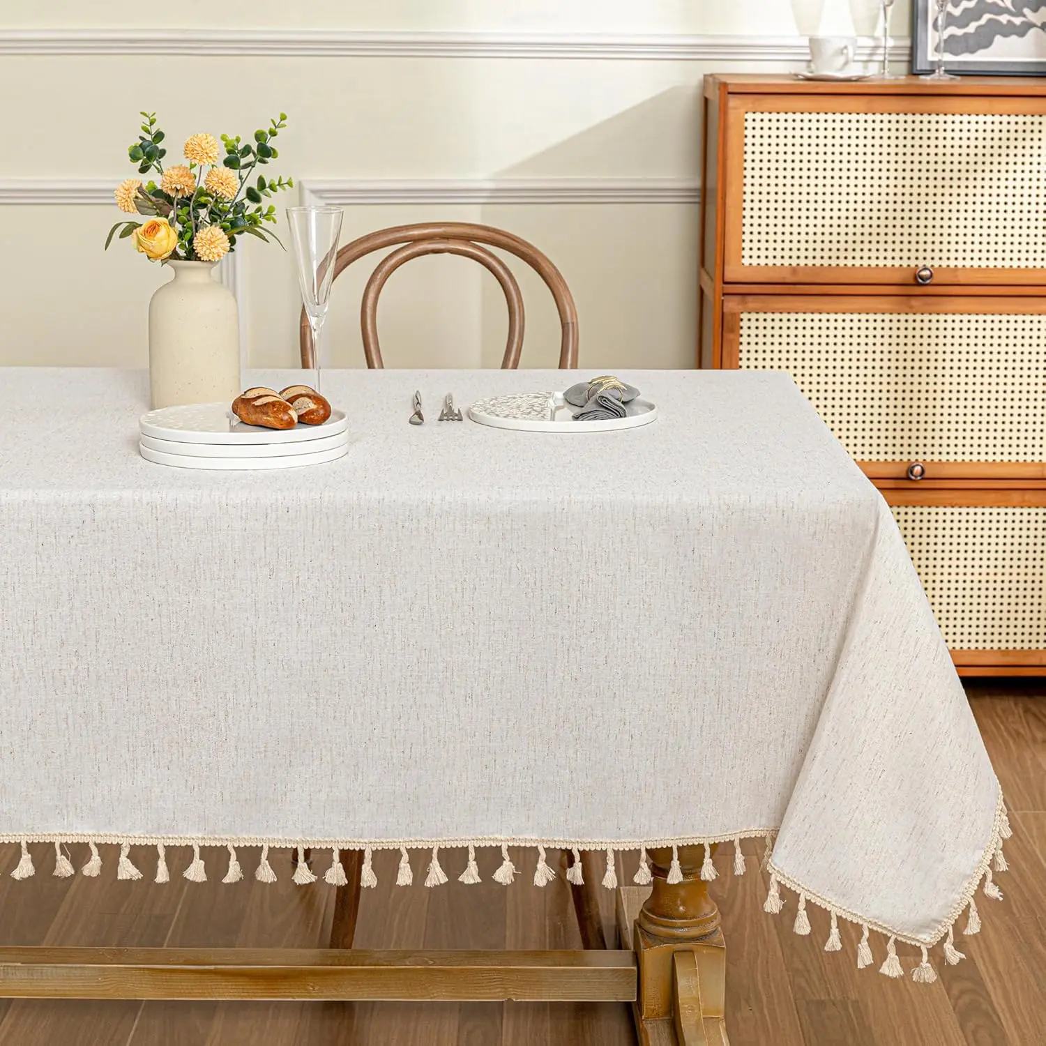 Rectangular Tablecloth (60x102 in) - Cotton Tassel, Linen-Look, Waterproof, Wrinkle Free Beige Table Cover for Outdoor Fishing Trips, Kitchen Dining