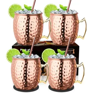 Moscow Mule Mugs Set of 4, Handcrafted Copper  Cups Kit 19.5 oz with Coasters for Cold Drink, , Bar, Party, Hotel,