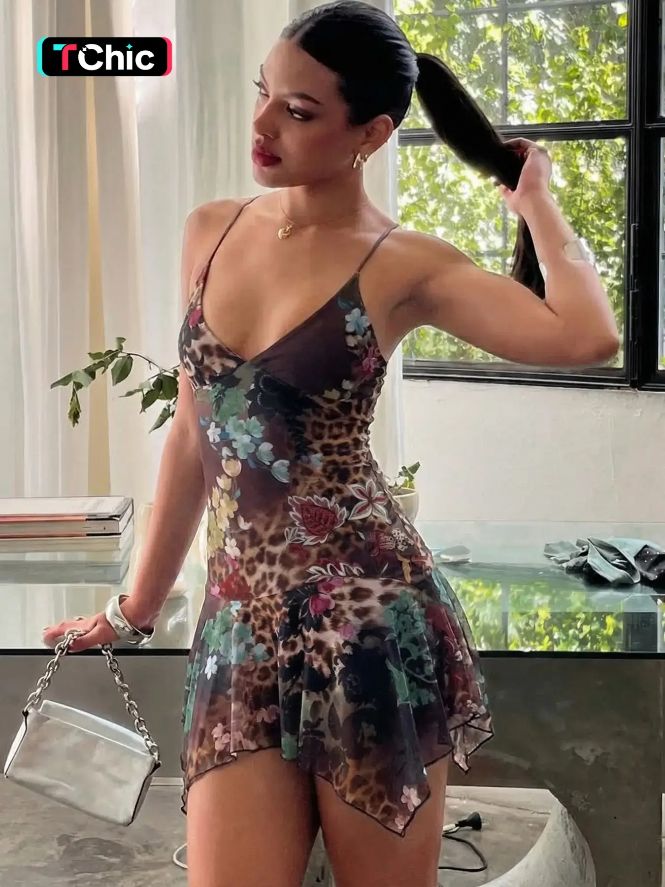Women's Mesh Floral Print Irregular Ruffled Hem Bodycon Slip Dress, Spaghetti Strap, Sweet V Neck Sleeveless Backless Slim Fit Mini Dress, Party Club Date Holiday Casual Short Dresses For Ladies All Season Summer Clothes Wear