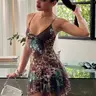 Women's Slim-Fit Floral Print Irregular Hem Mesh Dress, Sweet V Neck Sleeveless Spaghetti Strap Backless Mini Dress, Ideal for Parties, Clubs, Dates & Beach, Casual Elegant Dress for Ladies, Summer Wear, Fashion Chic Clothes, Womenswear