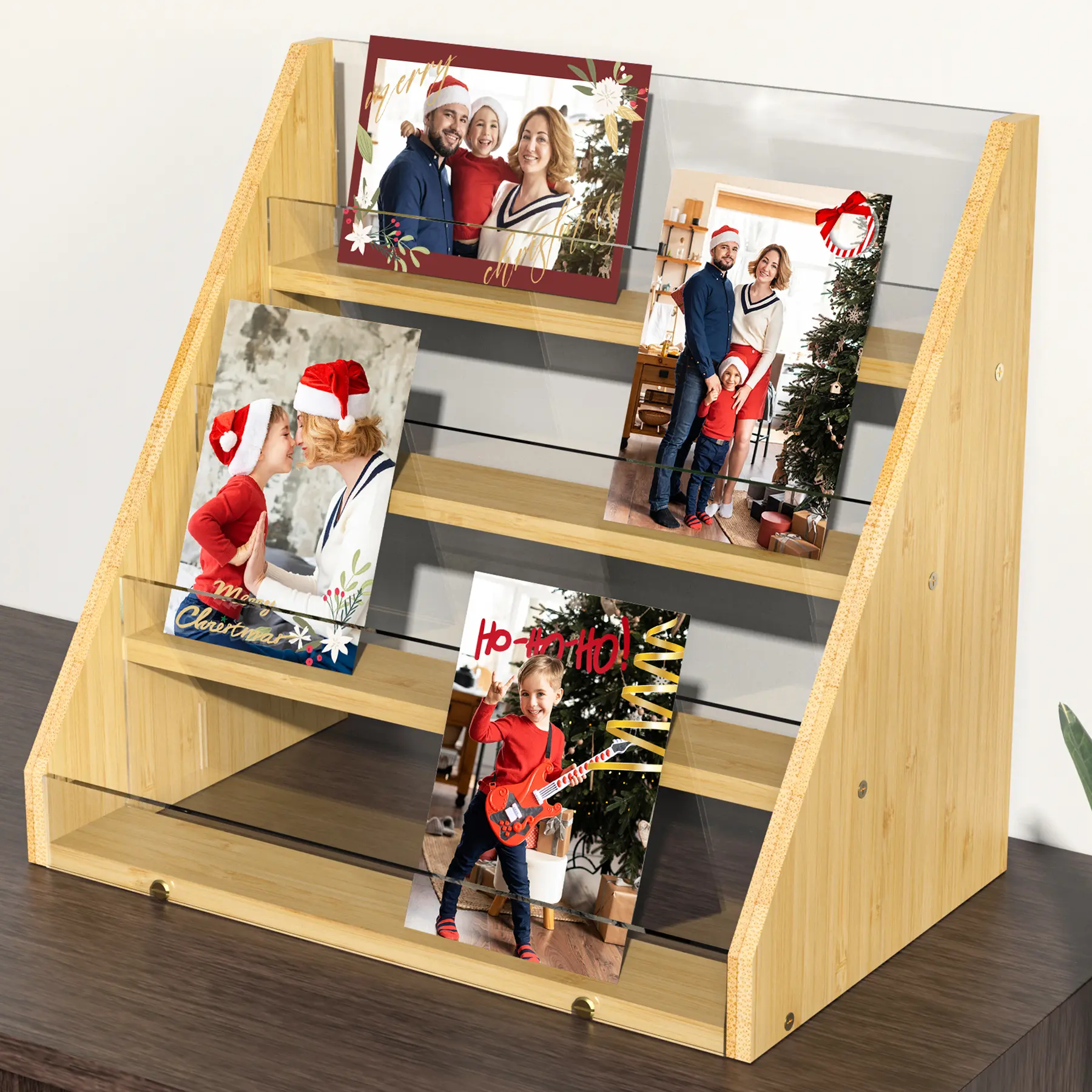 NiHome 4-Tier Bamboo & Acrylic Greeting Card Display Stand for Cards, Photos, Postcards - Stylish Showcase Organizer for Home, Wedding & Keepsakes