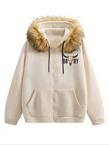 Women's Drawstring Pocket Zipper Cardigan, Detachable Fur Collar, Cow Head Letter Print, Fall & Winter Casual Style