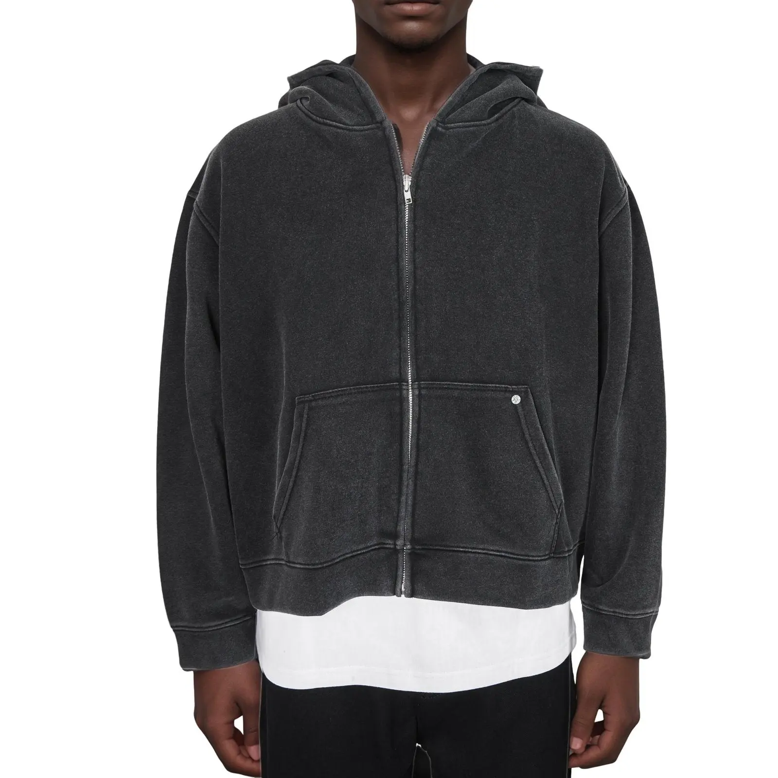 High Level Men's Stonewashed Cotton Long Sleeve Cropped Zip-Up Hoodie - Menswear Stylish Sweatshirts, Elegant, Simple, Jeans-Friendly, Fleeceless Plain Top for Spring-Summer Casual Wear (Black)