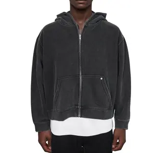 High Level Men's Stonewashed Cotton Long Sleeve Cropped Zip-Up Hoodie - Menswear Sweatshirt, Elegant, Simple, Jeans-Friendly, Fleeceless Plain Top for Spring-Summer Casual Wear (Black)