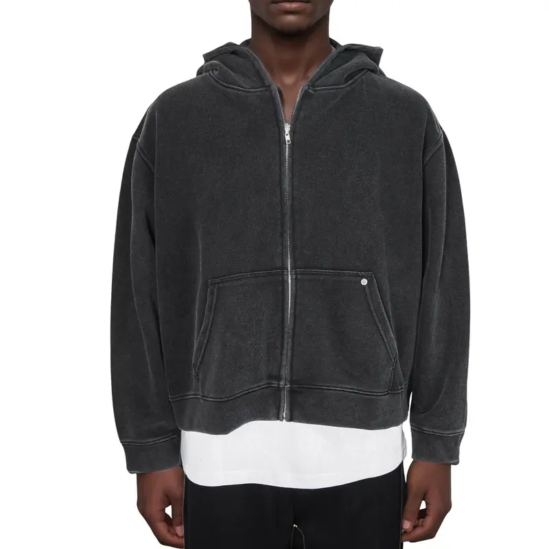 High Level Men's Stonewashed Cotton Long Sleeve Cropped Zip-Up Hoodie - Menswear Stylish Sweatshirts, Elegant, Simple, Jeans-Friendly, Fleeceless Plain Top for Spring-Summer Casual Wear (Black)