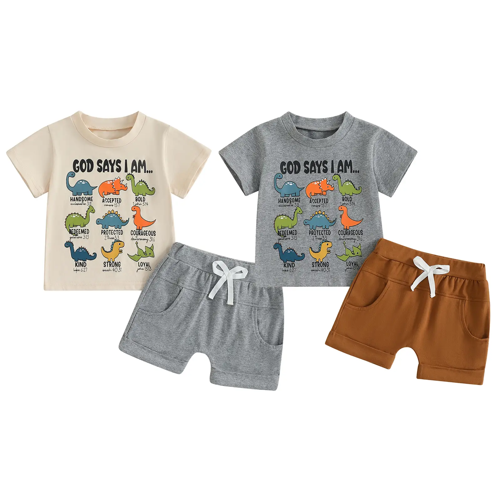 Toddler Baby Boys Dinosaur God Says I Am Bible Verse Dino Religious T Shirt Elastic Waist Pocket Shorts Christian Outfit