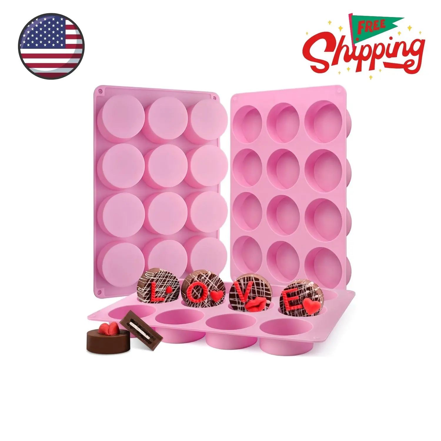 Round Chocolate Cookie Molds, 3 Pieces 12-Cavity Cylinder Chocolate Silicone Molds Pink