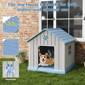 31-Inch Gabled Dog House, Antarctic Gray & Blue, PP Material (Waterproof, Mildew-Proof, UV-Resistant), Dimensions: 34.76" × 32.05" × 5.51"-Best Christmas Gifts.