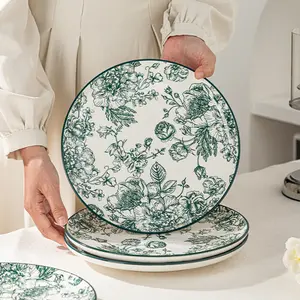 4 Pieces - Steak Plate Set, Vintage Green Rose Pattern, Suitable for Hotels, Restaurants, Kitchens, Holiday Parties, Steak, Salads, Turkey, Souvenirs, New Years, Easter Gifts