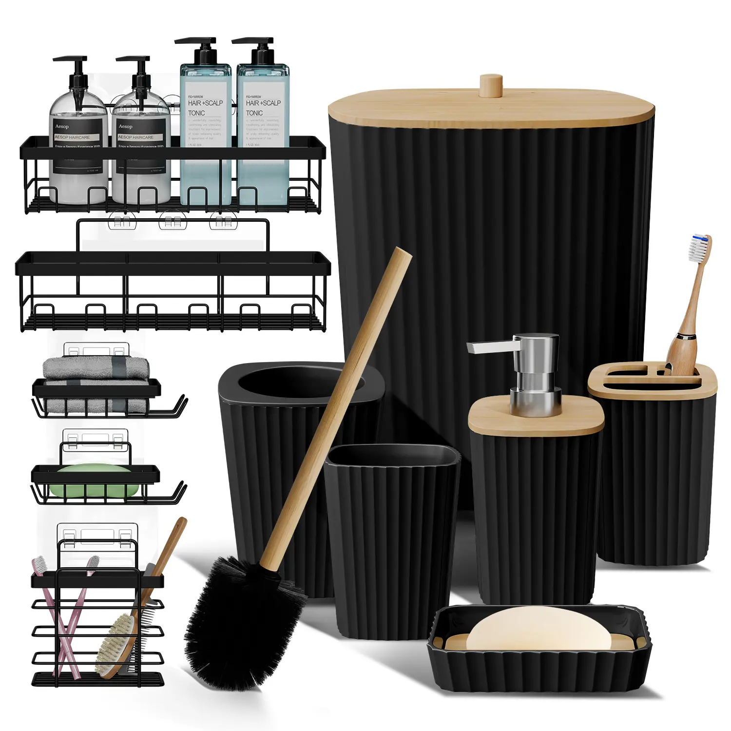 Hearth & Harbor Bathroom Accessories Complete Set And Shower Caddy – Durable, Fine Ribbed Design for a Coordinated Bath Look, Easy to Clean, Rust-Resistant Hardware.