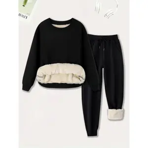 Women's Plain Plush Lined Sweatshirt & Drawstring Waist Sweatpants Two-piece Set, Casual Round Neck Long Sleeve Pullover & Pocket Jogger Pants, Women's Two-piece Outfits for Winter