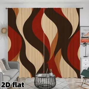 2D Flat 2Pcs Modern Abstract Wave Pattern Curtains, Home Textile, Brown Red Beige Color Block Design, Rod Pocket Style, Semi Sunshade Polyester Fabric, Suitable for Living Room Bedroom Kitchen Study Window Decoration, Home Decor Privacy