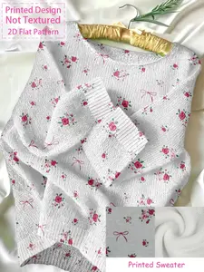 Women's Round Neck Long Sleeve Knit Sweater Rose Floral Bow Print, Casual Home Wear, Versatile Ladies' Pullover for Valentine's Day