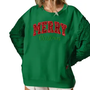 Women's Christmas Loose Sweatshirt Long Sleeve Round Neck Sequins Letter Embroidery Pullover
