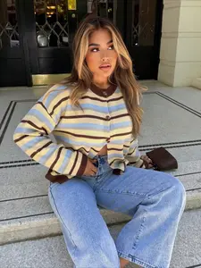 Fashionable Elegant Striped Knit Sweater, Round Neck Button-Down Drop Shoulder Cardigan, Casual All Seasons Wear, Essential Daily Commute Top