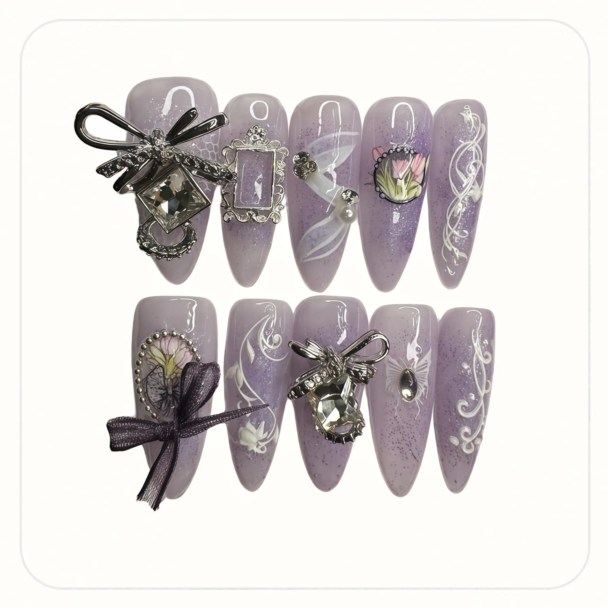 J25 Amethyst Tulip Press-on Nails, Soft Gel Almond Shape with Gradient Streamer & Rhinestone Accents, Glue-Included Nail Art Kit, Rhinestone Acc.