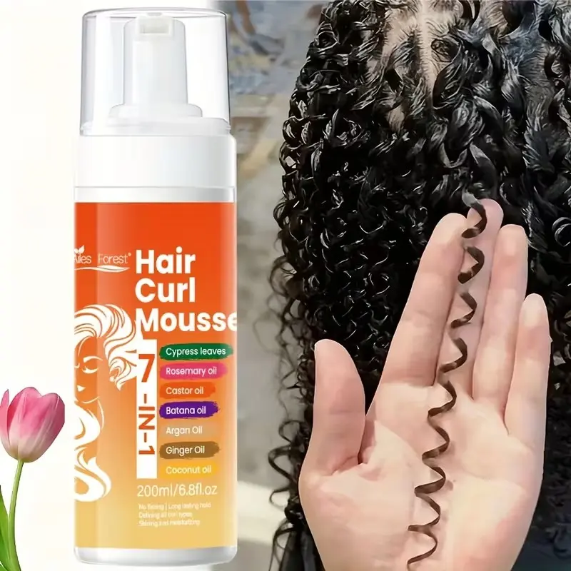 7-in-1 Hair Curling Mousse, Long-Lasting Hold with Cypress Oil, Rosemary Oil, Castor Oil, Bataan Oil, Moroccan Nut Oil, Ginger Oil, Coconut Oil, Olive Oil - Styling Foam for All Hair Types