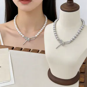 Women's Rose Ribbon Necklace with Pearl, High-End Full Diamond Clavicle Jewelry Gift