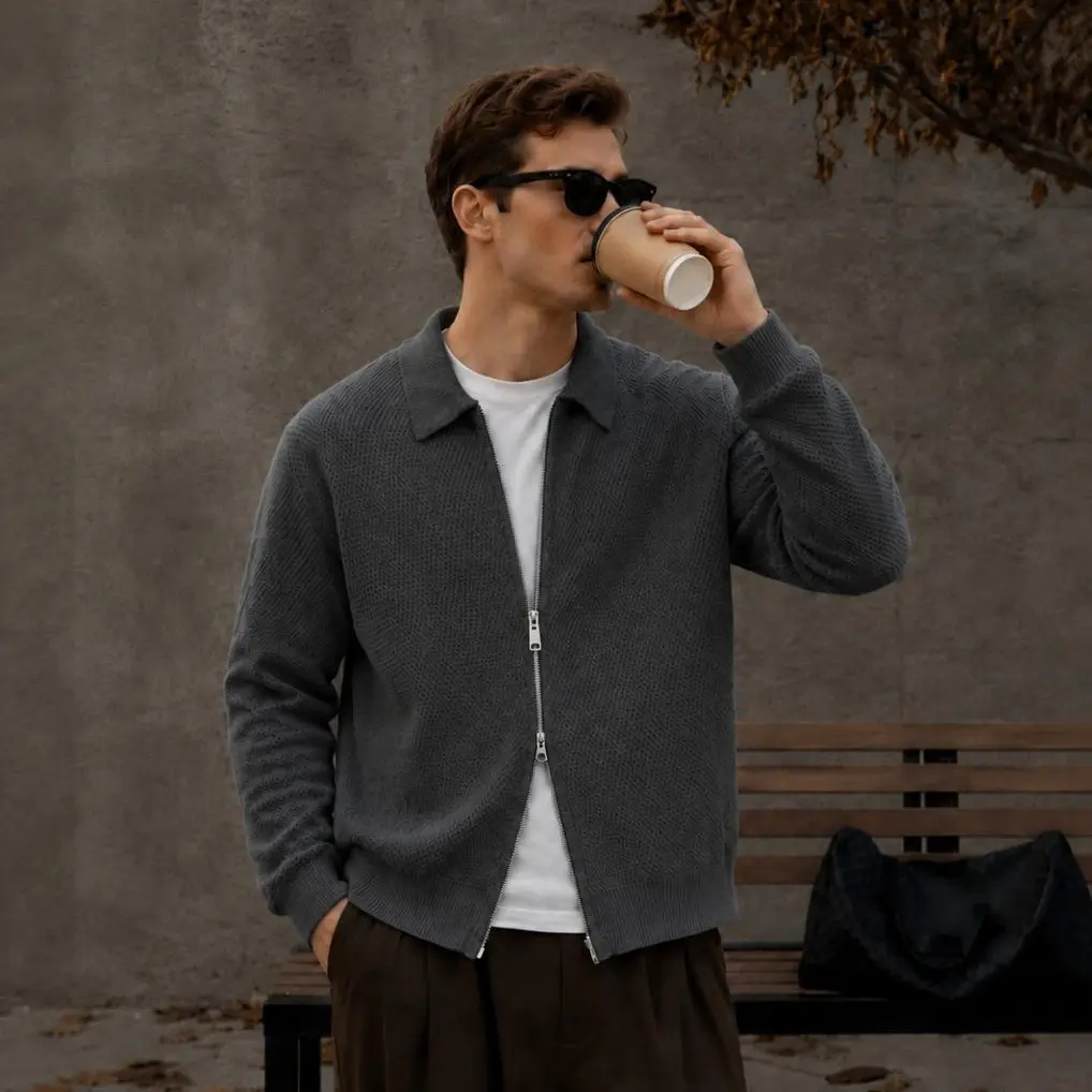 2pack Mens Knit Zip-Up Cardigan Sweater Two-Way Full Zip Collared Jacket Light Dark Gray Smart Casual Everyday Essential Textured Breathable Wrinkle-Resistant Layer-Friendly Fall Winter Outerwear S-XL