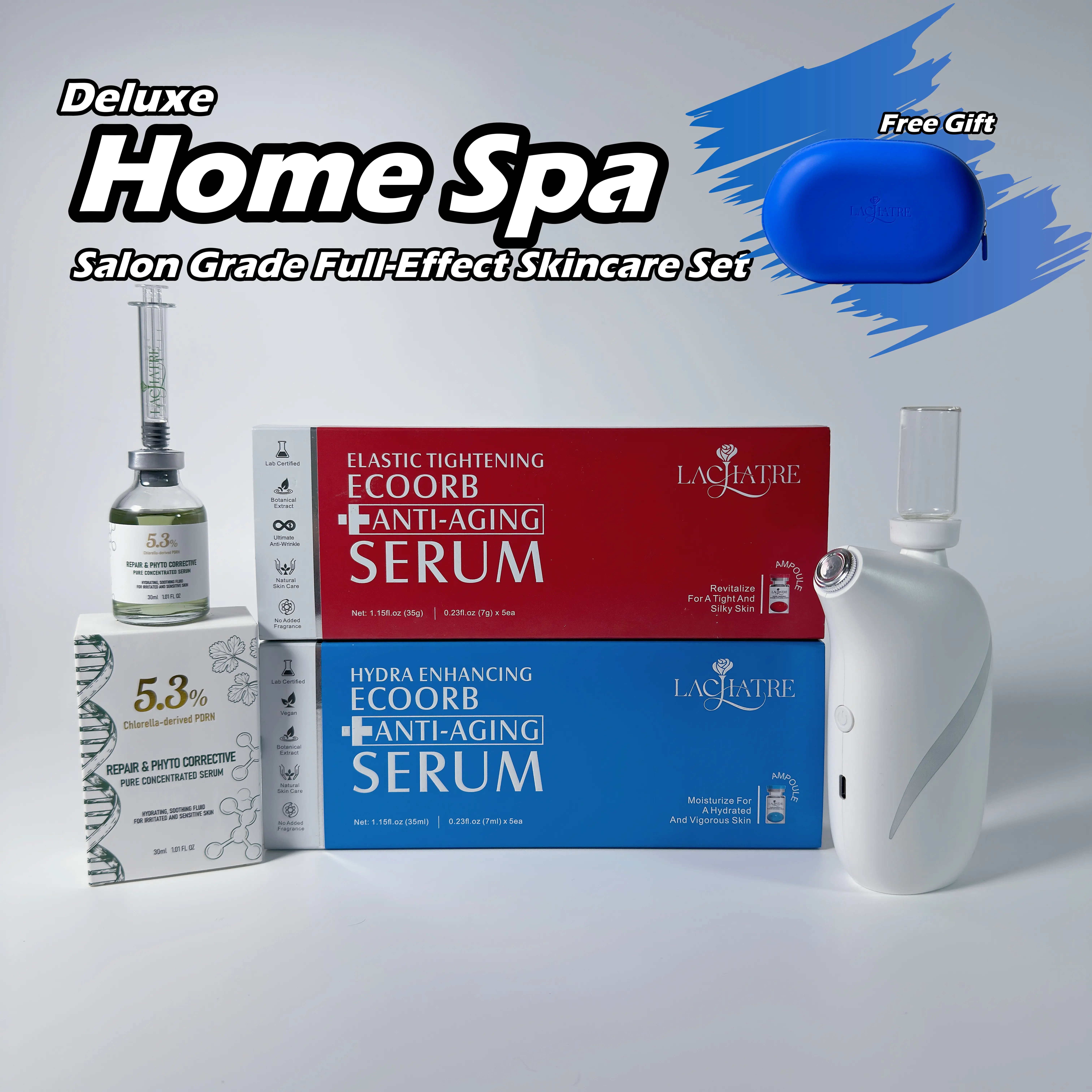 LACHATRE: Home Spa Deluxe Set Combine with EcoOrb Anti-Aging Serum & Nano-Mist & Lac Nano Case with Niacinamide & Retinol & Centella Asiatica for Elasticity Enhancing Moisturizing Repairing Day and Night-time Skincare Beauty Bundle Kit SummerVibes