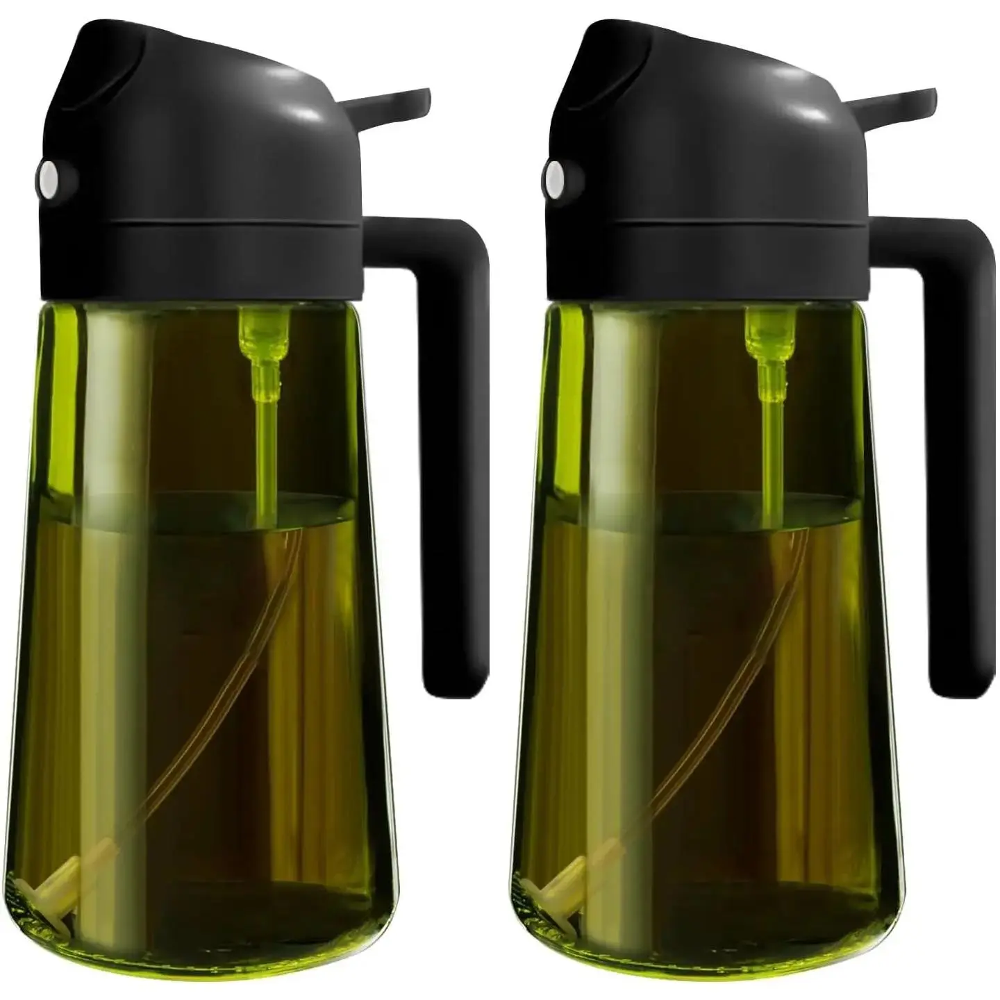 2 Count 2 in 1  Oil Sprayer for Cooking 16oz/470ml Light-Blocking Dark , Olive Oil Dispenser Bottle for Kitchen, Premium Dark Green Glass Oil Bottle, Food-Grade Oil Mister for Air Fryer, BBQ
