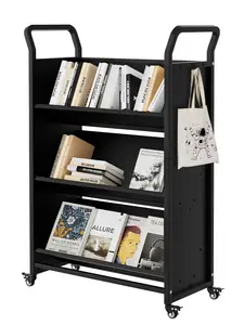 Garvee 3 Tier Rolling Book Cart, 240 Lbs Load Bearing, Heavy Duty Metal Storage Cart, Practical Side Hooks, Double Labor-Saving Handles, Mobile Book Organizer, Multipurpose Utility Trolley, Suitable for Home Office Library Use