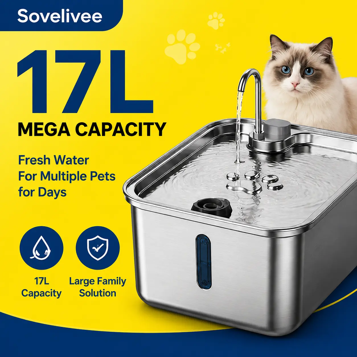 Sovelivee 17L Stainless Steel Pet Water Fountain for Cats & Dogs | Automatic Cat Water Fountain, Large Capacity Water Dispenser for Multiple Pets, Ultra Quiet