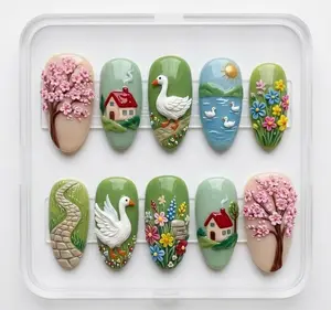 Handmade Pastoral Paradise Press On Nails | 3D Geese, Tiny Houses, Blossoms & Path Embellishments | Almond Nails For Cottagecore Vibe