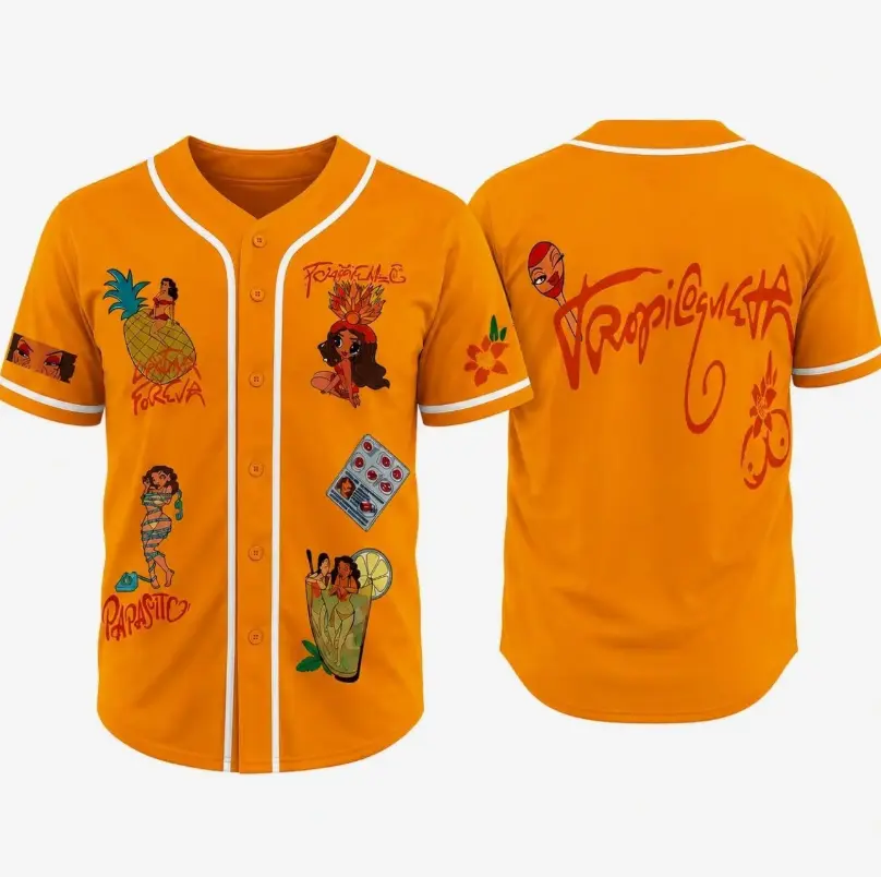 Unisex Tropical Graphic Baseball Jersey Shirt, Button Down Sporty Top, Orange Streetwear, Festival & Concert Outfit