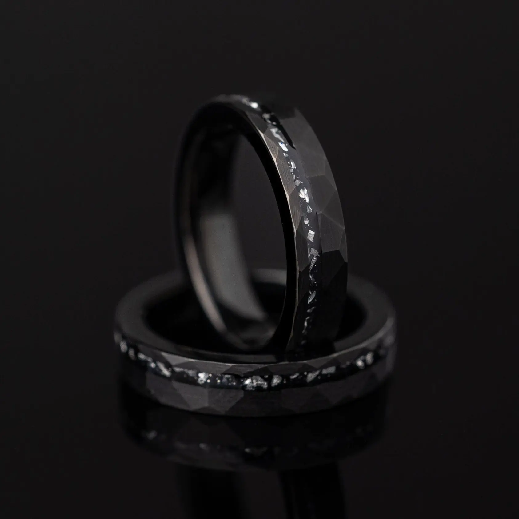 Meteor Fall - Hammered Black Meteorite Tungsten Ring, 4mm Width