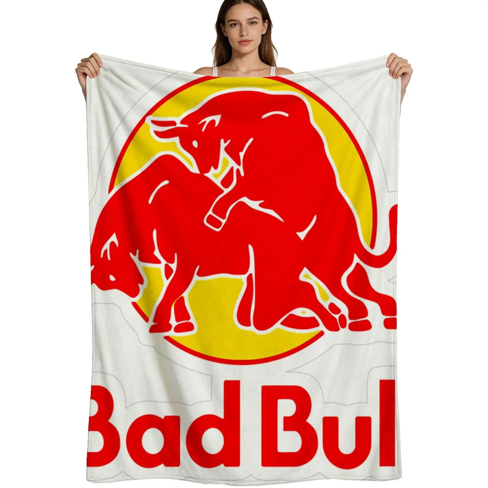 Trending Style, Warm Flannel Blanket, Bad Bull Red Bull Logo Design, Soft Fleece Material With Double-Sided Printing, For Men Women Home Office Travel, 4 Sizes Available Single Pack